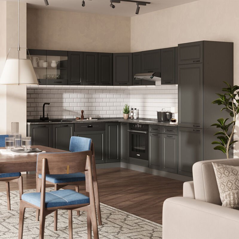 Thumbnail - Vicco - Eckküche R-Line, Anthrazit Landhaus/Anthrazit, 227 x 287 cm ohne Arbeitsplatte