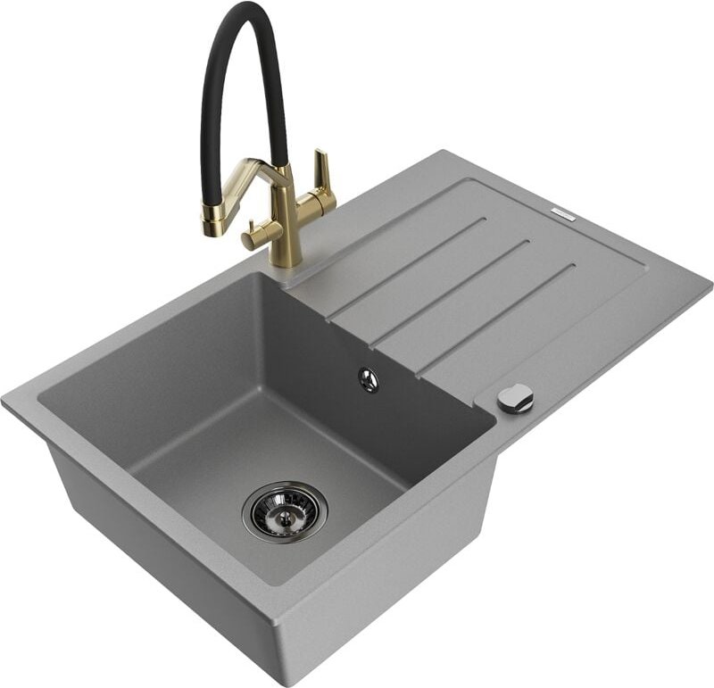 Bruno 1 Becken-Granitspüle mit Abtropffläche und Mischbatterie Duo, Grau - 6513-71-671701-57-B - Mexen