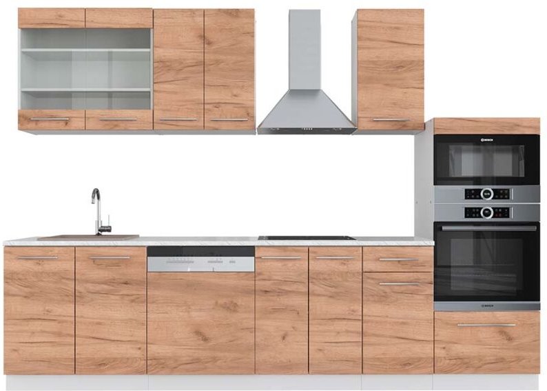 Vicco - Küchenzeile Fame-Line, Goldkraft Eiche/Weiß, 300 cm mit Hochschrank, ap Marmor