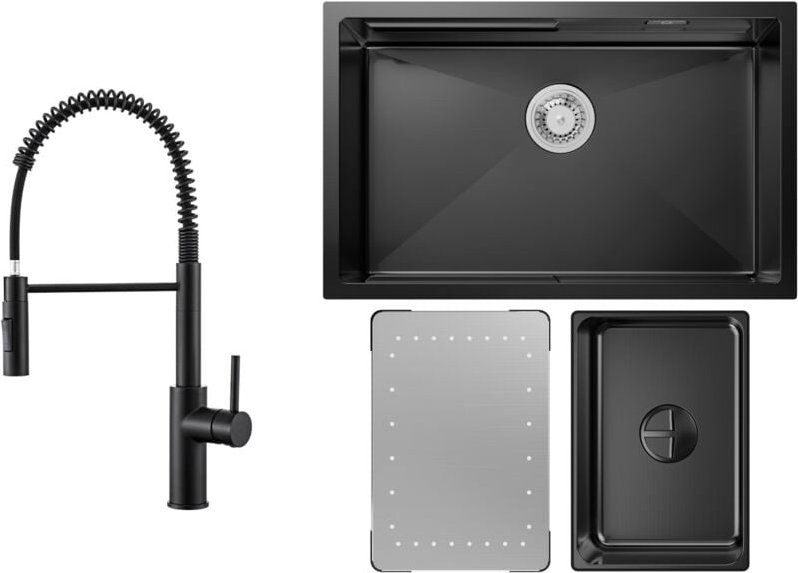 Küchenspüle 1.5 Becken 70x44cm EdelstahlSpüle Anthrazitschwarz Unterbauspüle + Feder-Küchenhahn Schwarz Mit 2 Strahlarte...