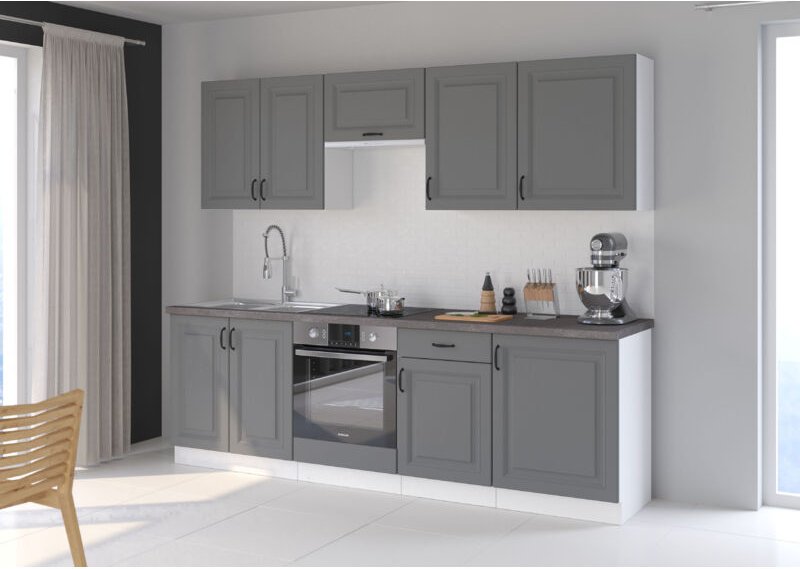 Küchenmöbel-Set Küchenzeile Ariatte 250 cm mit Hängeschränken Dunkelgrau Weiß - Furnix