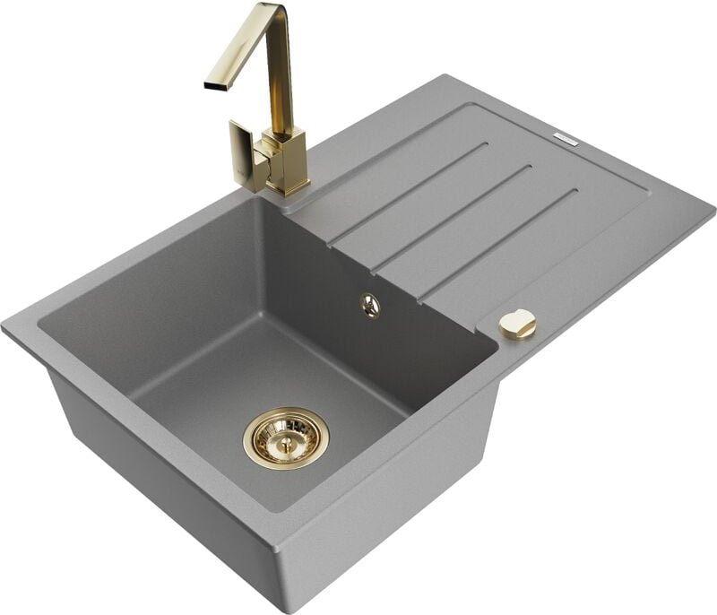 Bruno 1 Becken-Granitspüle mit Abtropffläche und Mischbatterie Rita, Grau - 6513-71-670300-50 - Mexen