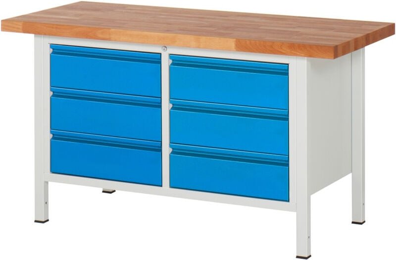 Höhenverstellbare Werkbank Premium mit 6 Schubladen BxTxH 1500x700x840-1040mm ral 7035 / ral 5012 - Stier