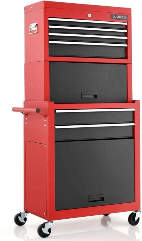 Northix - Abschliebarer 2 in 1 werkzeugtruhe mit hoher kapazitat griff 6 schubladen 4 radern rot schwarz