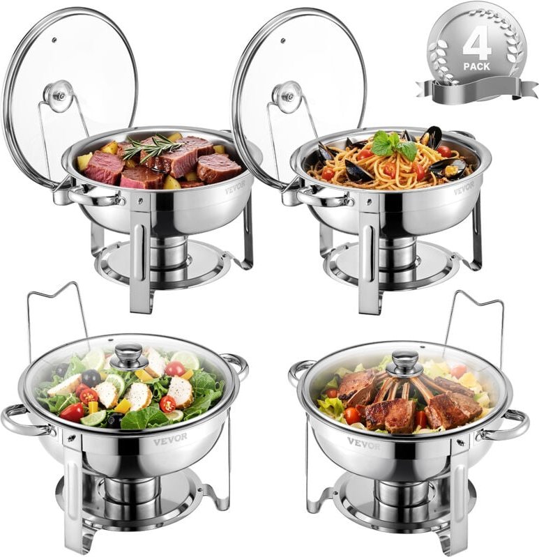 Thumbnail - Chafing Dish Buffet Speisenwärmer mit 4 Behältern in voller Größe (4,7 l pro), runder Catering-Wärmespender mit Glasdeck...