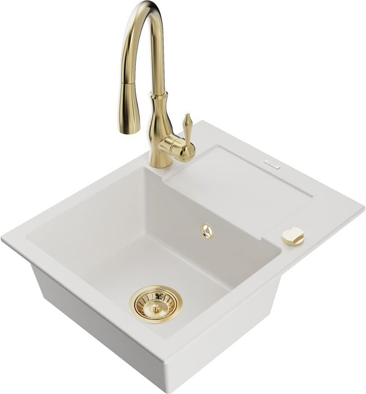 Enzo 1 Becken-Granitspüle mit Abtropffläche und Mischbatterie Savita, Weiß - 6506-20-672601-50 - Mexen