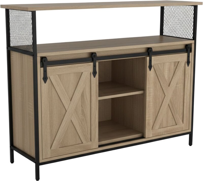 Relaxdays Sideboard mit Schiebetüren, HBT: 80 x 100 x 33 cm, 6 Fächer, Beistellschrank Küche & Wohnzimmer, natur/schwarz