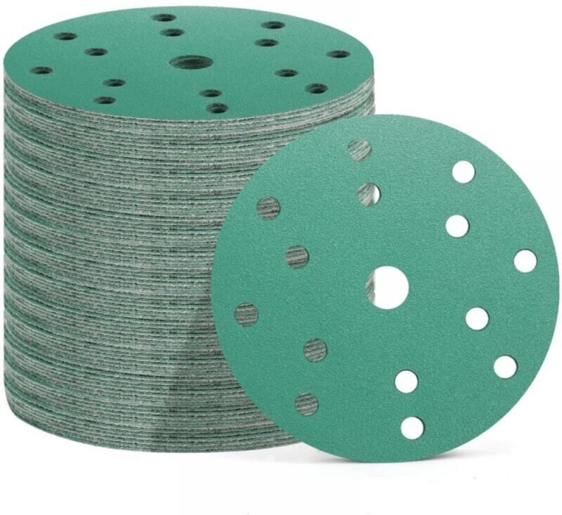 50 Stück 150 mm Schleifscheiben, 15 Löcher, 10x Körnung 60/80/120/180/400, Schleifpapier für Exzenterschleifer (Grün)
