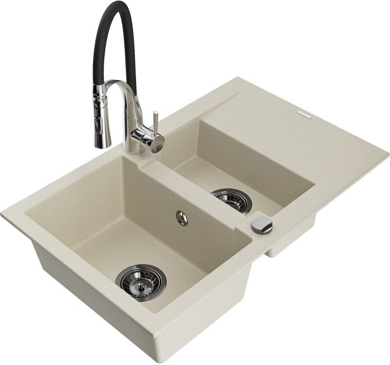 Gaspar 1,5-Becken-Granitspüle mit Abtropffl√§che und Mischbatterie Aster, Beige - 6507-69-73450-07-B - Mexen