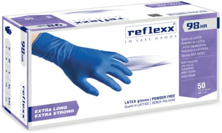 R98 Chlorierte, puderfreie Latexhandschuhe 18,5gr Kat.3 Blau 50 Stück xl - Reflexx