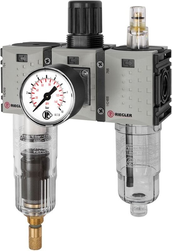 Riegler - Wartungseinheit 3-tlg. »FUTURA-mini«, PC-Beh., Stand.mano, g 1/4, 0,5-8, va-nc