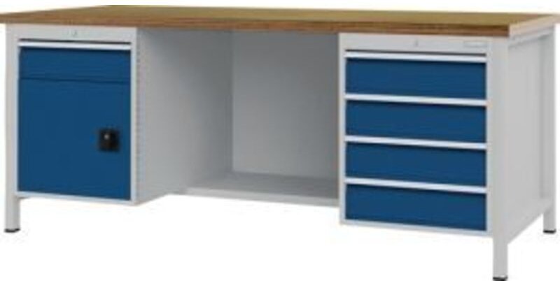 Werkbank signalblau lichtgrau B2000xH859xT750mm Buche Multipl.40mm 5 Schub.1 Tür