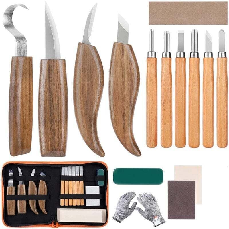 Thumbnail - Holzmeißel-Werkzeugset, 15-teilig, DIY-Schnitzwerkzeuge mit schnittfesten Handschuhen, Schnitzmesser für Schnitzer, Schr...