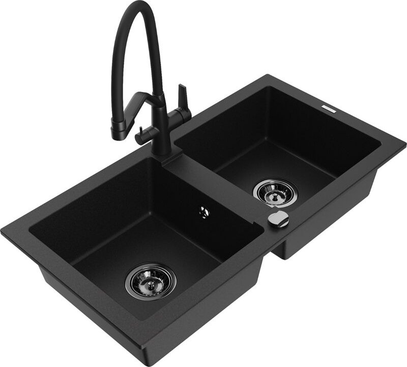 Mario 2-Becken-Granitspüle mit Mischbatterie Duo, Schwarz - 6504-77-671701-70-B - Mexen