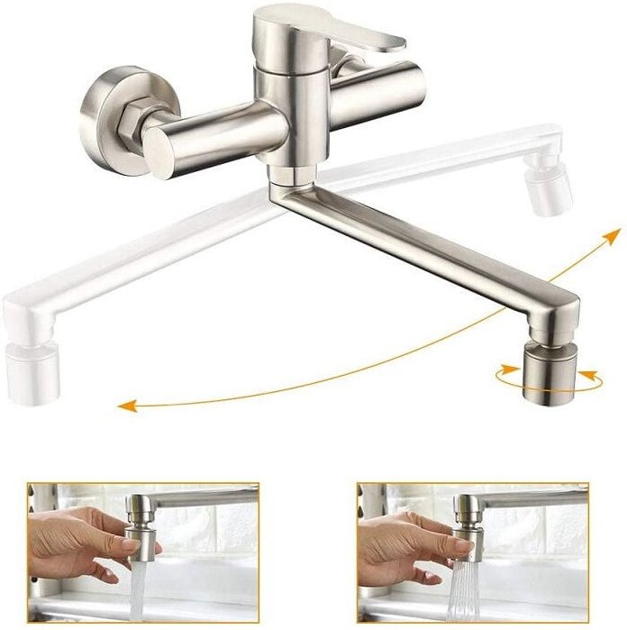 Wandmontage Wasserhahn Küche 360° Drehbar Küchenarmatur 2 Strahlarten Mischbatterien Armatur für Küche Einhebelmischer E...