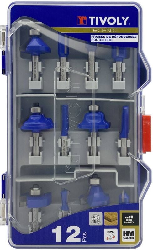 Tivoly • Box mit 12 geformten Fräsern, Hartmetallklinge und Schaft mit 8 mm Durchmesser