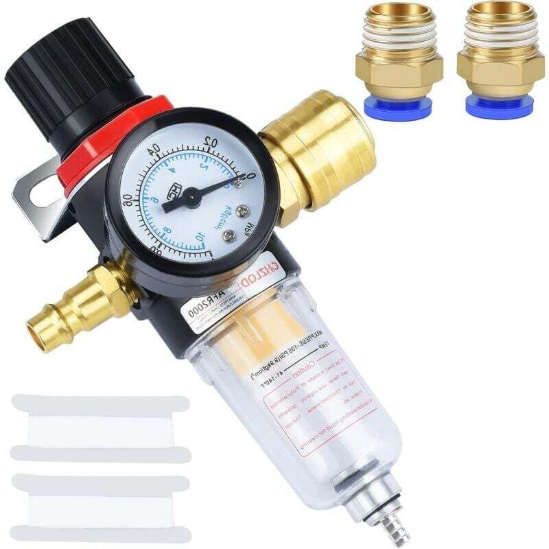 Druckluftregler, Luftfilter, 1/4 bps Druckregler mit Wasserabscheider, deutsche Schnellkupplungen und Manometer