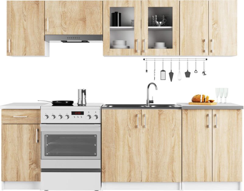 Thumbnail - Küchenmöbel-Set LIMA 2.4m Modulares Weiß 240 cm 11 Türen 1 Schublade Front Sonoma Eiche B240xH203xT44,5 cm