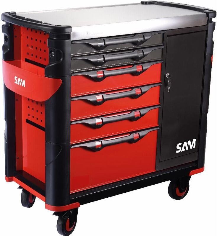 Thumbnail - Sam Outillage - Extra breiter Werkzeugwagen xxl 6 Schubladen mit Schrank und Edelstahlplatte - 416-AXE