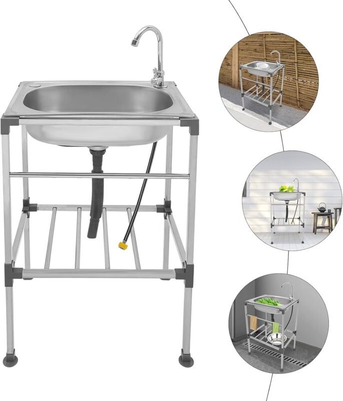 Küchenspüle, freistehend, 53 x 38 x 83 cm, multifunktional, mit Wasserhahn, abnehmbaren Fallrohren und Kaltwasserrohren,...