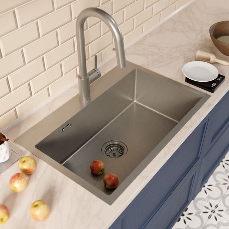 Ceramia Einbauspüle 68x45 cm + Armatur mit Brause, Edelstahl, Gun Metal gebürstet, Variante 2