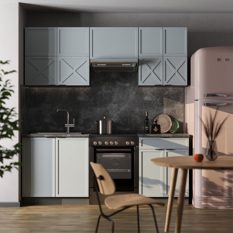 Küchenschränke Fame-Line, Hellblau-grau/Anthrazit, 200 cm , AP Marmor, Vicco