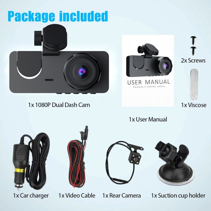 1080p Dashcam Auto Vorne Hinten, Wi-Fi GPS Autokamera, 3-Kanal Autokamera 170° Weitwinkel, Nachtsicht, WDR, G-Sensor, 24...