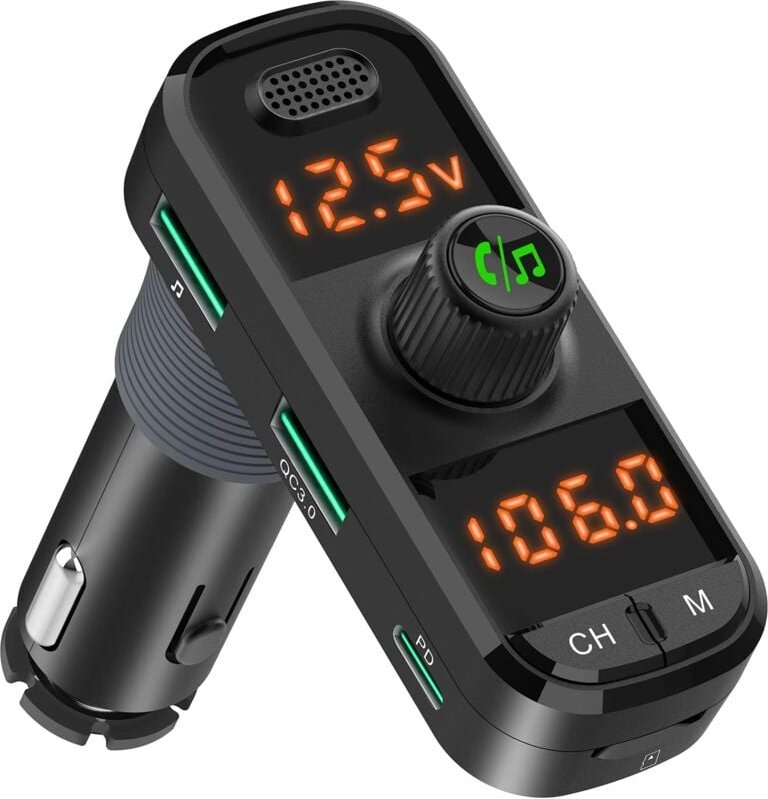 Bluetooth 5.0 FM-Transmitter, Autoradio-Empfänger mit 2 Mikrofonen, 41 w pd qc 3.0-Autoladegerät, kabelloser Aux-In/Out-...