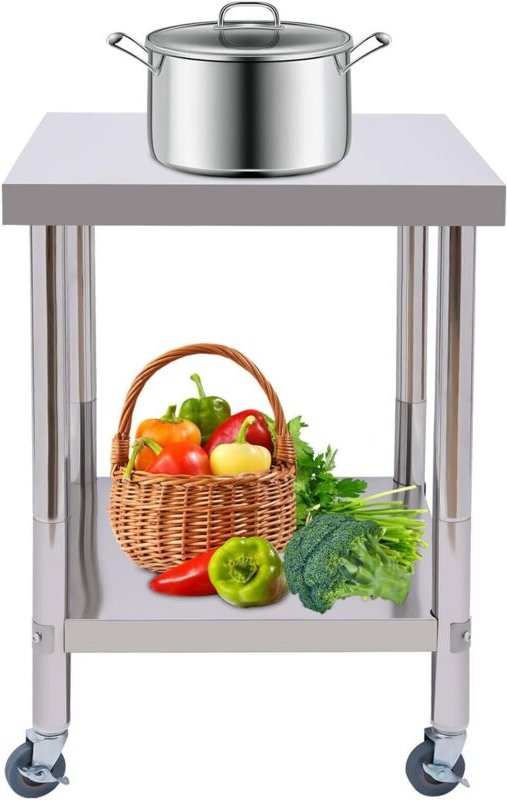 2 Ebenen Arbeitstisch, 60x60cm Edelstahltisch mit Rollen Arbeitstisch Küchentisch Belastbarkeit 300 kg Lebensmittel Zube...