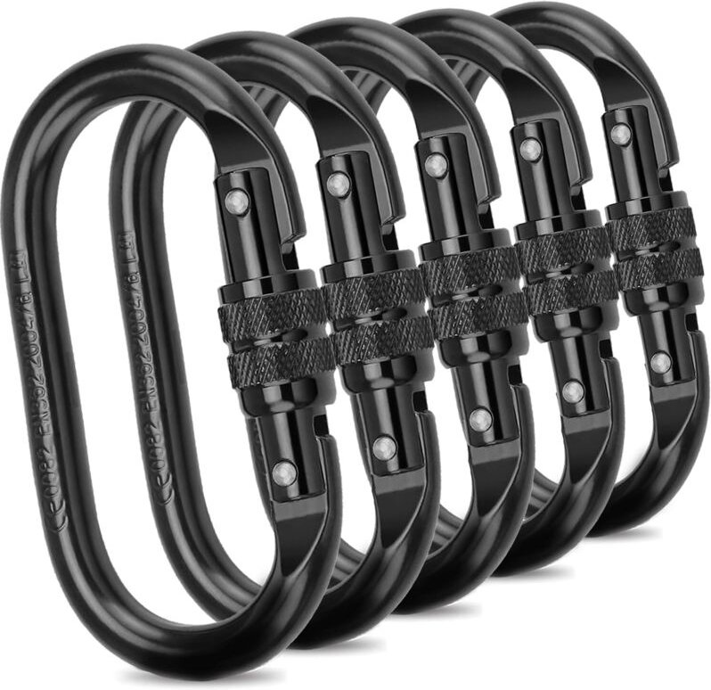 5er-Pack schwarze Kletterkarabiner aus Edelstahl – 15 kN (1500 kg), ovaler Stahlkarabiner, Verschlusskarabiner mit Schra...