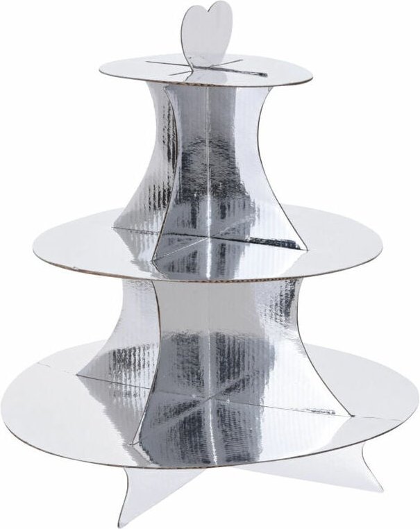 Spetebo - Karton Etagere 34 x 30 cm mit 3 Ablagen - silber - Servierplatte mit Herz Tragegriff - Dessert Muffin Kuchen P...