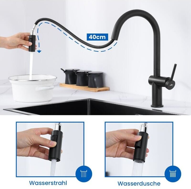 Ausziehbar Küchenarmatur Spültischarmatur Küche mit Brausekopf, hohe Auslauf Mischbatterie, Hochdruck Einhebel Wasserhah...