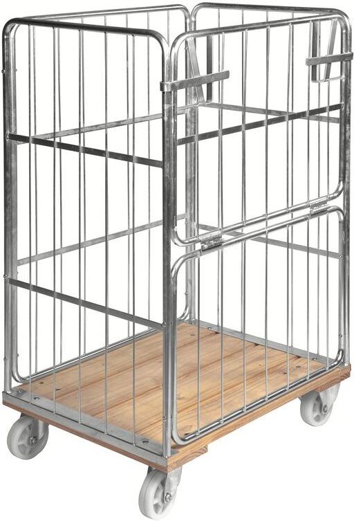 Kongamek Rollcontainer verzinkt 845x630x1390mm mit Holzboden, 4 Gitterwänden und 1 Tür in der Hälfte zu öffnen ohne Brem...