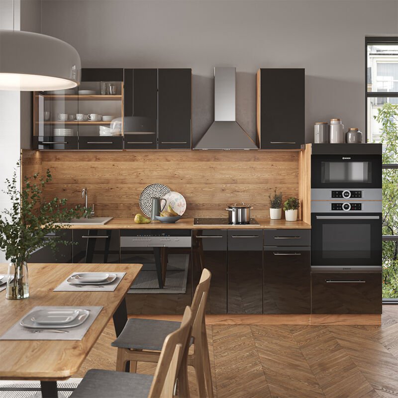Vicco - Küchenzeile Fame-Line, Anthrazit Hochglanz/Goldkraft Eiche, 300 cm mit Hochschrank, ap Anthrazit
