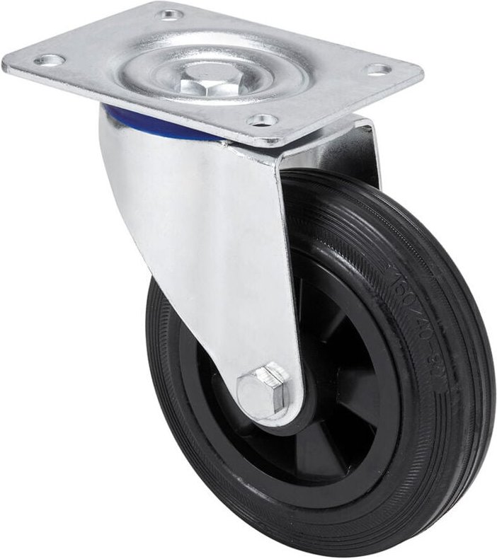 Lenkrolle of Naturkautschuk mit Platte und glatter Achse, Farbe schwarz, Tragfähigkeit 60 kg, ø 8 cm