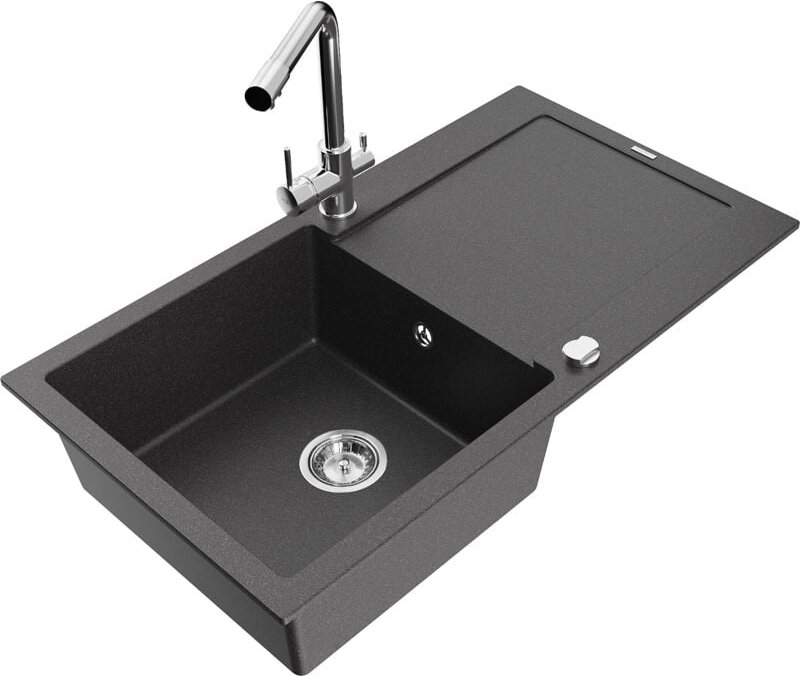 Leo 1 Becken-Granitspüle mit Abtropffläche und Mischbatterie Duero, Schwarz gesprenkelt - 6501 - Mexen