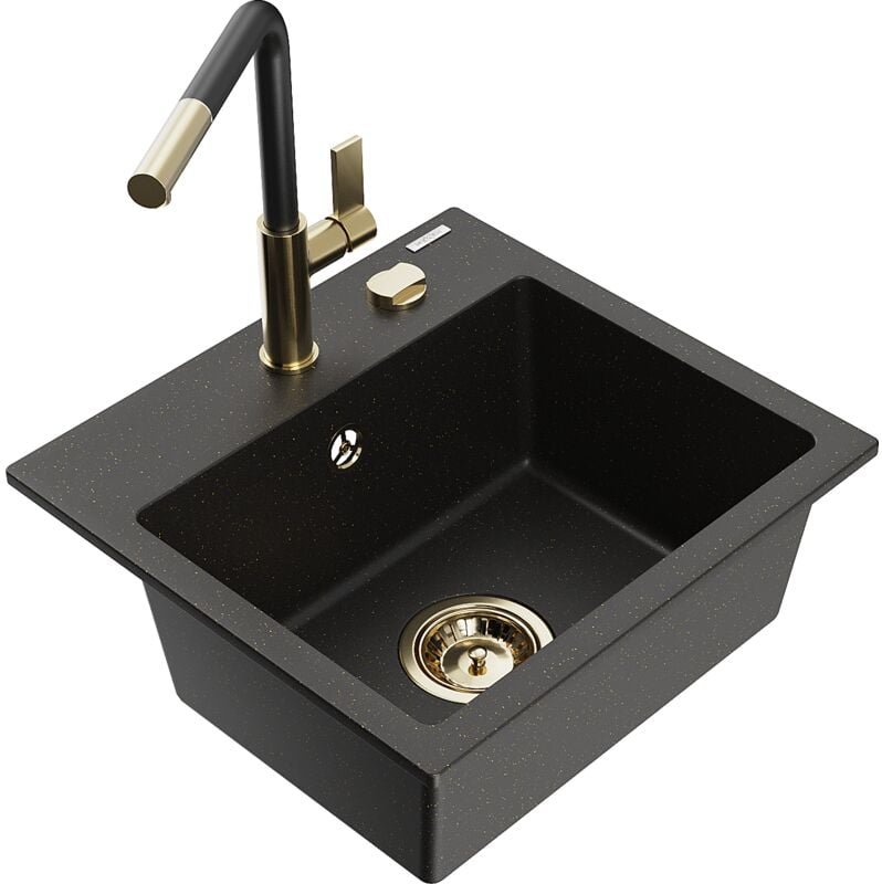 Mexen Milo 1-Becken-Granitspüle mit Mischbatterie Flora, Schwarz/Gold metallisch - 6505-75-670401-57