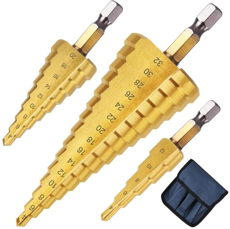 3 Stück Metall-Stufenbohrer, 4–12/20/32 mm, Titan, konisch, dreieckig, Metall-Stufenbohrer, Sechskantschaft, Stufenbohre...