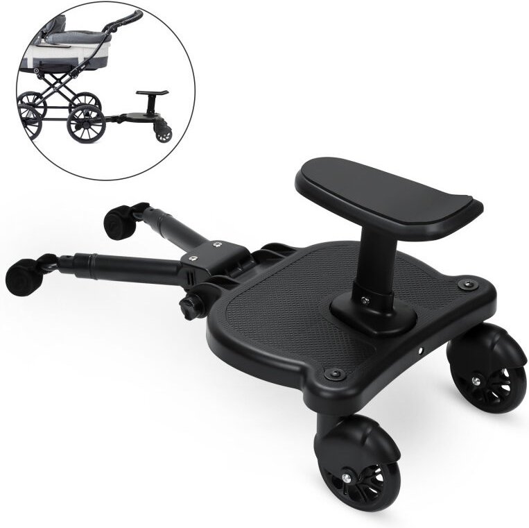 Swanew Buggy Board mit Sitz Kiddyboard Kinderwagen Board Trittbrett Universal Hilfspedal 360°Zweirad Design Schwarz