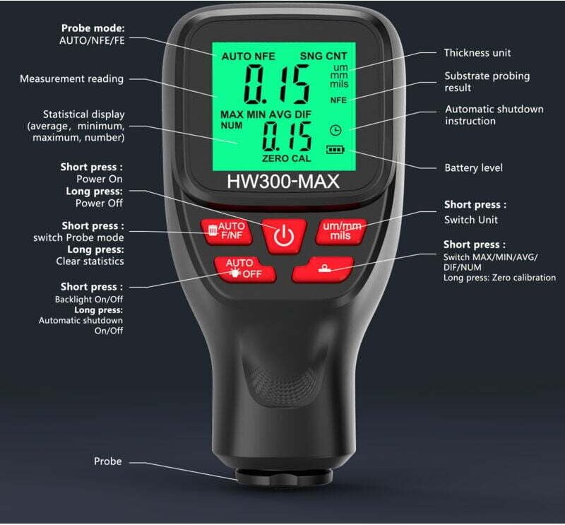 Hochpräzises digitales LCD-Filmdickenmessgerät für Kraftfahrzeuge mit 0–2000 µm, Schichtdickenmessgerät für Autolacke, d...