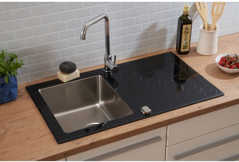 Respekta - Küchenspüle Glas Einbauspüle Edelstahl Spüle 86 x 50 Schwarz New York