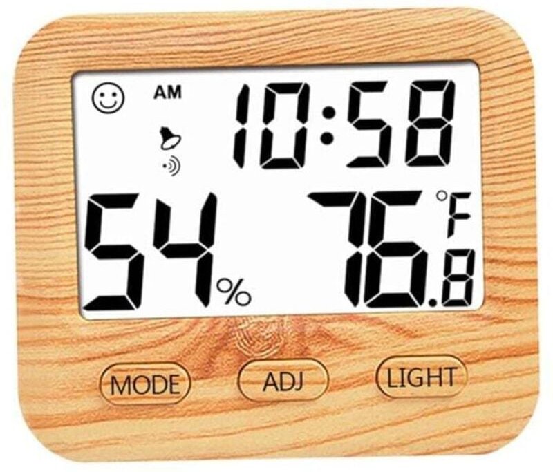 Innenthermometer, digitales Hygrometer, Temperatur- und Feuchtigkeitsmessgerät aus Holz mit Tischuhren für Schlafzimmer ...