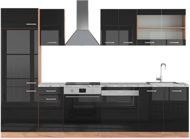 Thumbnail - Vicco - Küchenzeile R-Line, Schwarz Hochglanz/Goldkraft Eiche, 300 cm , ap Marmor