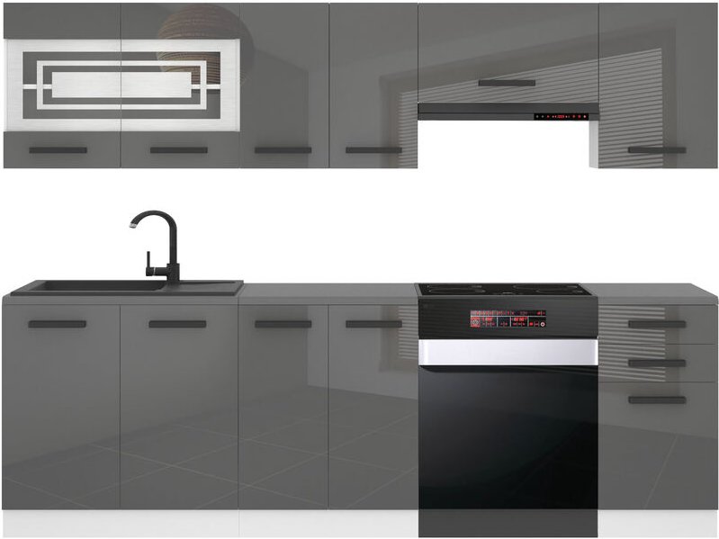 Küchenzeile Küchenblock Lily - Küchenmöbel 240 cm Einbauküche Vollausstattung ohne Elektrogeräten mit Hängeschränke und ...