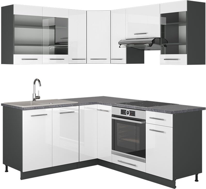 Vicco - Eckküche Fame-Line, Weiß Hochglanz/Anthrazit, 160 x 190 cm , ap Marmor