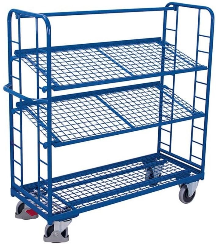 VARIOfit Etagenwagen mit vergitterten Seiten, Rohrschiebegriff und 2 neigbaren Drahtgitterböden 1355x550mm