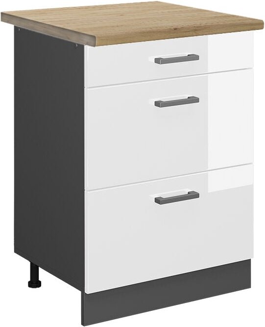 Vicco - Schubladenunterschrank R-Line, Weiß Hochglanz, 60 cm mit Schubladen, ap Eiche