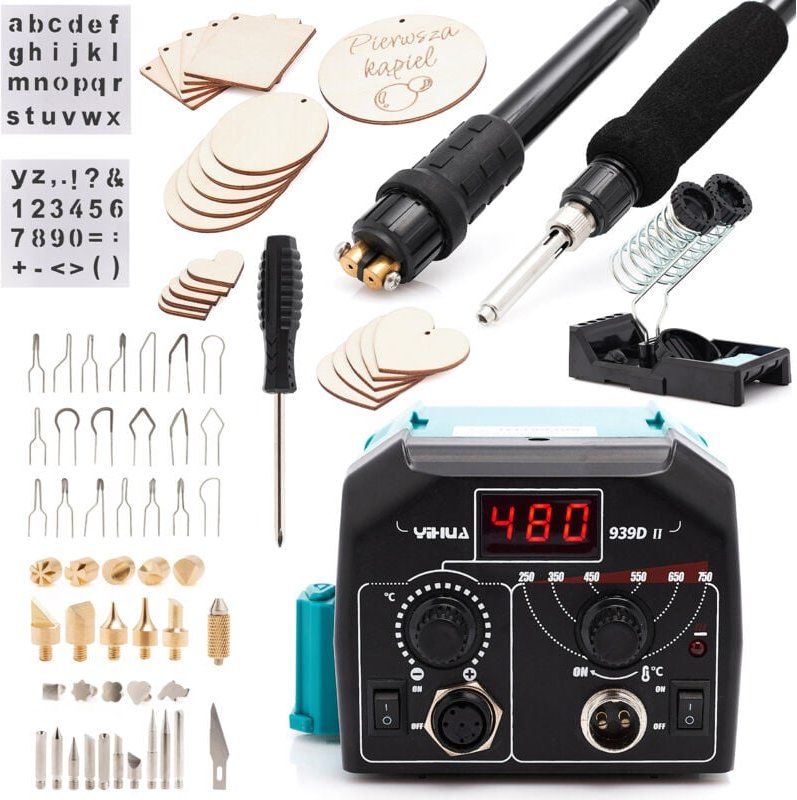 Lötstation und Pyrograph / Yihua 939D-II 145W Holzbrenner + Pyrograph-Sperrholz-Set 20 Stück 4in1