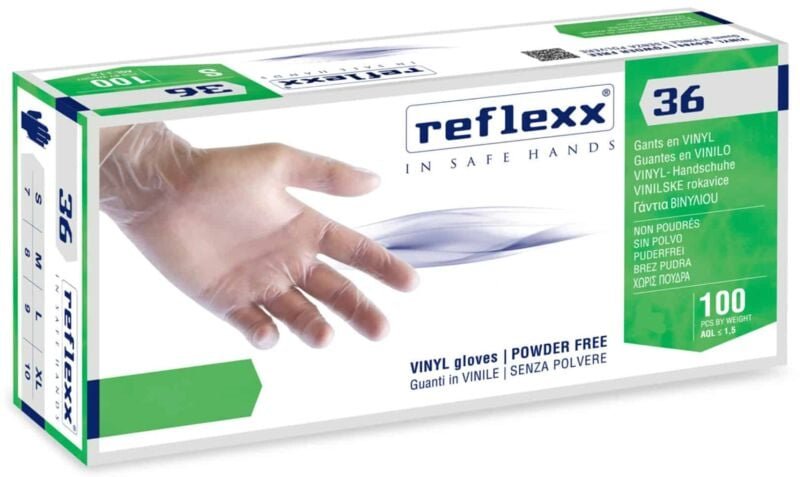 Reflexx R36 Vinyl-Handschuhe ohne Puder, 100 % Latex, 4,4 g, frei von Kat.3, 100 Stück, s