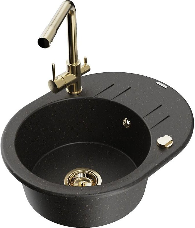 Kevin 1 Becken-Granitspüle mit Abtropffl√§che und Mischbatterie Duero, Schwarz/Gold metallisch - 6517-75-671600-50 - Mex...